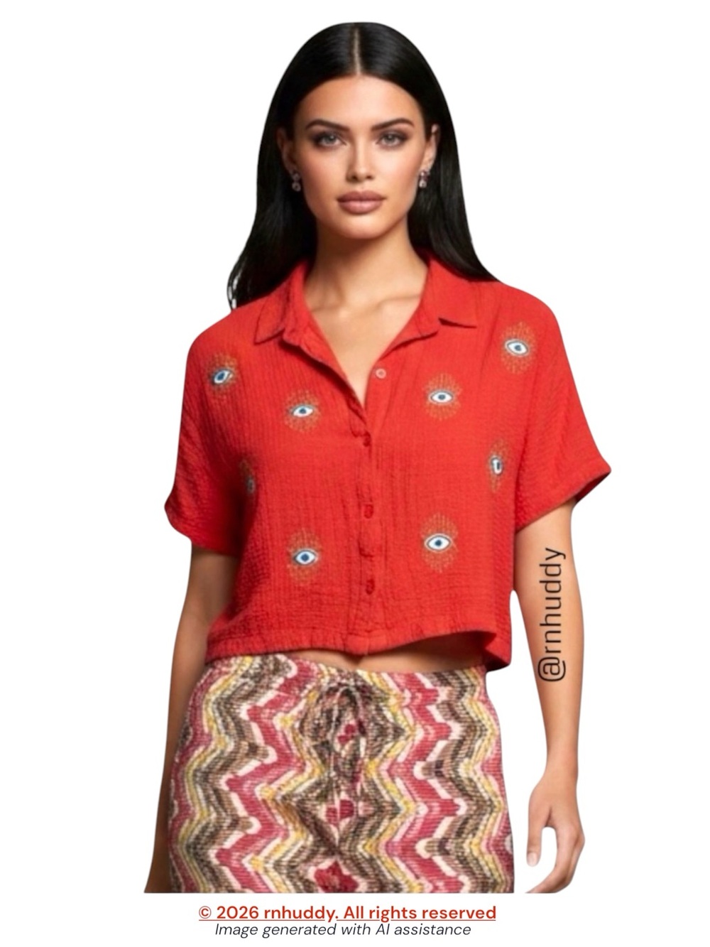 LIFE L orange red evil eye embroidered cropped shirt